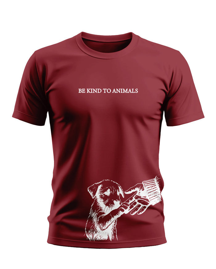 Maroon men's t-shirt with 'Be Kind to Animals' text and puppy and hand graphic print