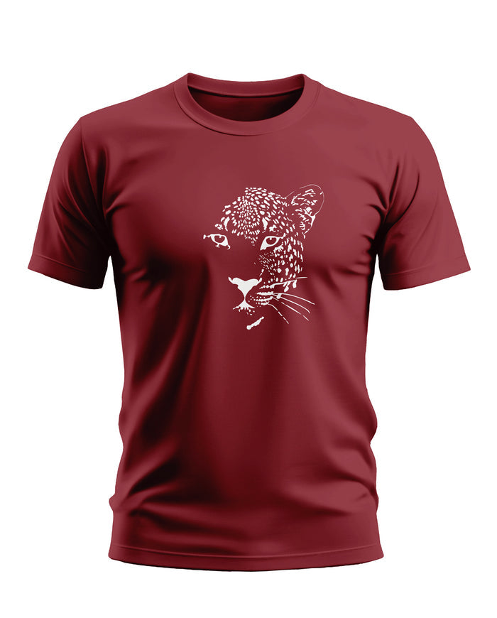 Maroon men's t-shirt with white leopard face graphic, short sleeves, crew neck