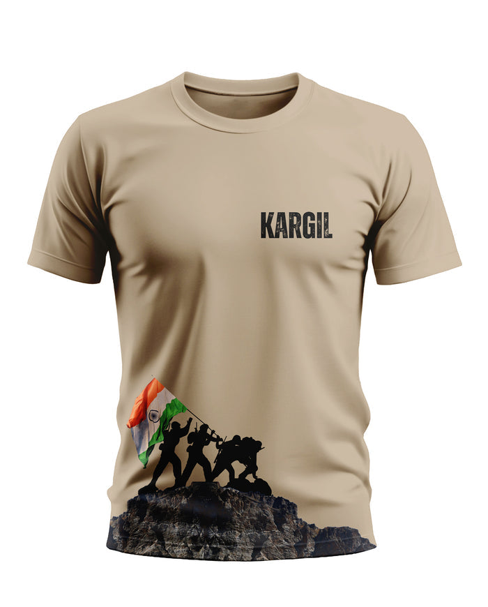Beige men's t-shirt with KARGIL text and soldiers raising Indian flag graphic print