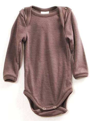 Merino wool long sleeved babies’ bodysuit in fudge colour.