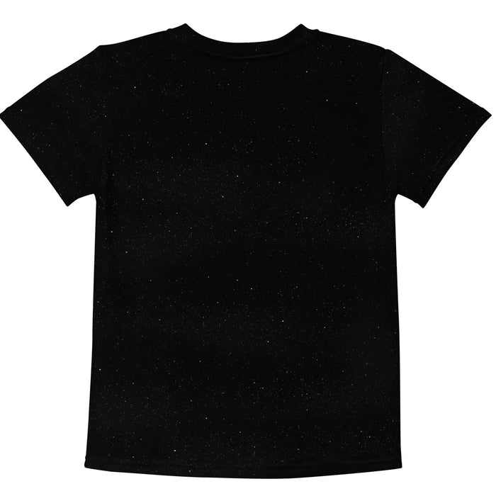 Gazing Space Cat Kid's Tee - The silhouette of a domestic cat rendered entirely through nebula gas clouds and magma orange (#FF4500) textures, set against infinite void black (#050505) with ethereal wisps in phantom grey and stardust white (#E0E0E0).