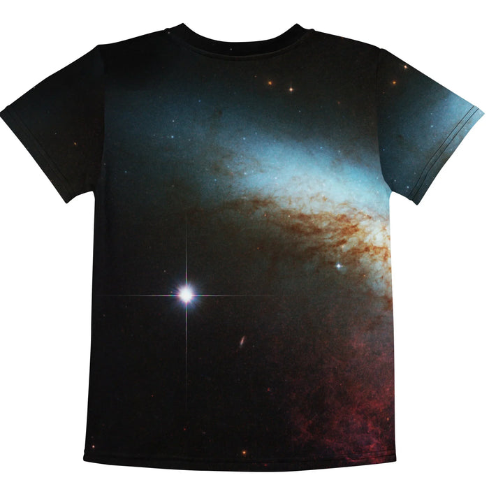 Glorious Space Bear Kid's Tee - The monochromatic roaring bear in aviators set against the deep void black (#050505), celestial cyan (#4EB5D6), and warm cosmic rust (#8B4513) starfield.