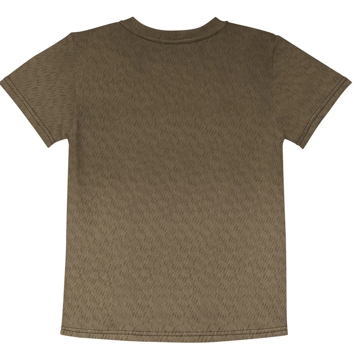 Industrial Society Cat Kid's Tee - The dramatic "rigor mortis" pose of the silver tabby against the **Taupe Brown (#786551)** low-pile carpet background with a diagonal **sun-bleached cream (#DDD3BC)** sunlight patch, anchored by the heavy serif "Cause of death" declaration.