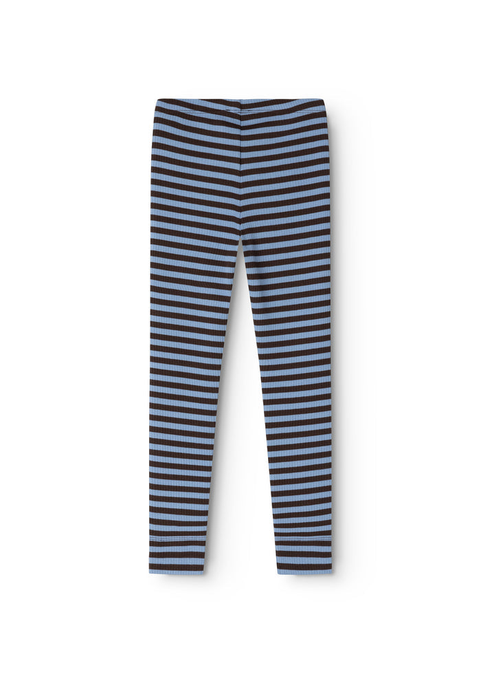 Striped leggings in blue and white with stitching at the middle
