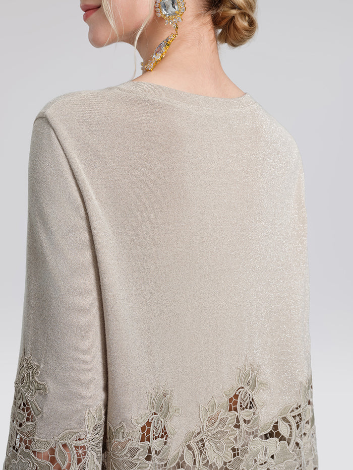 Metallic Knit Cut-Out Lace Trim Blouse