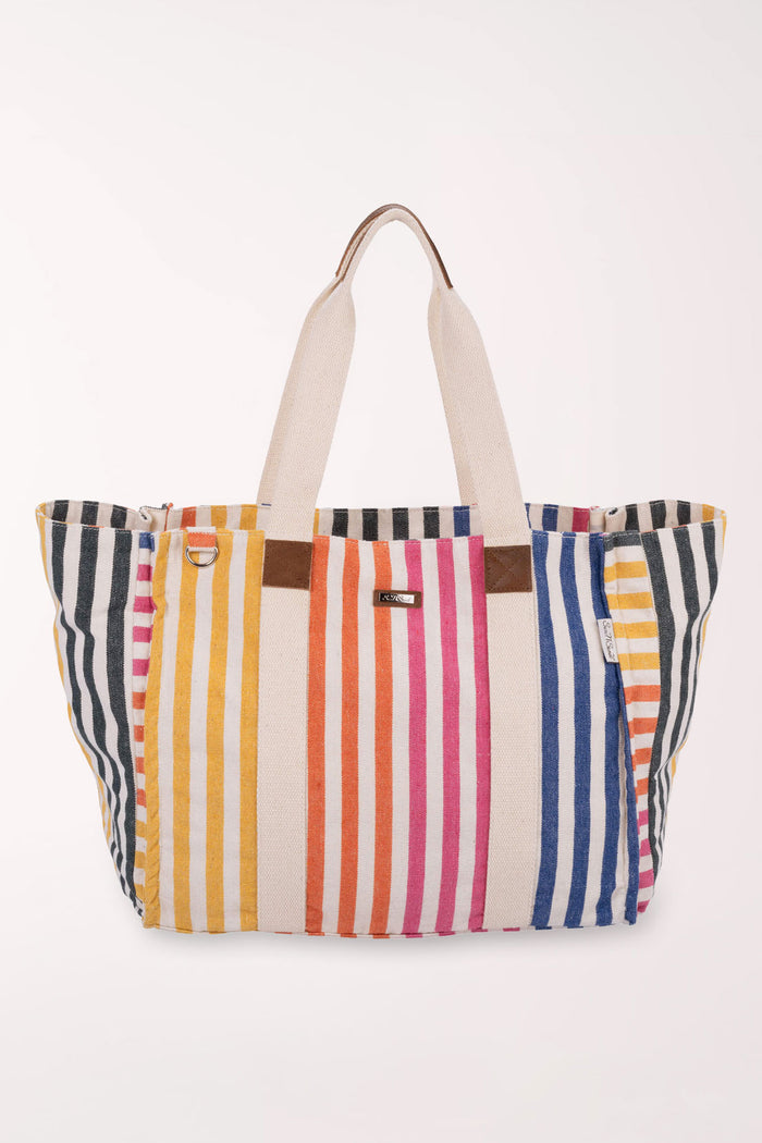 Multicolored striped tote bag on a white background