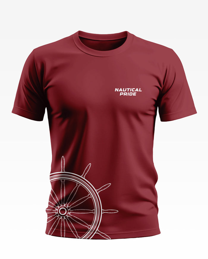 Maroon men's t-shirt with 'Nautical Pride' text and ship wheel graphic on the hem