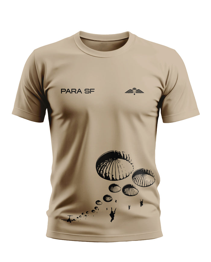 Beige men's t-shirt with PARA SF text and parachute army print, military-inspired design