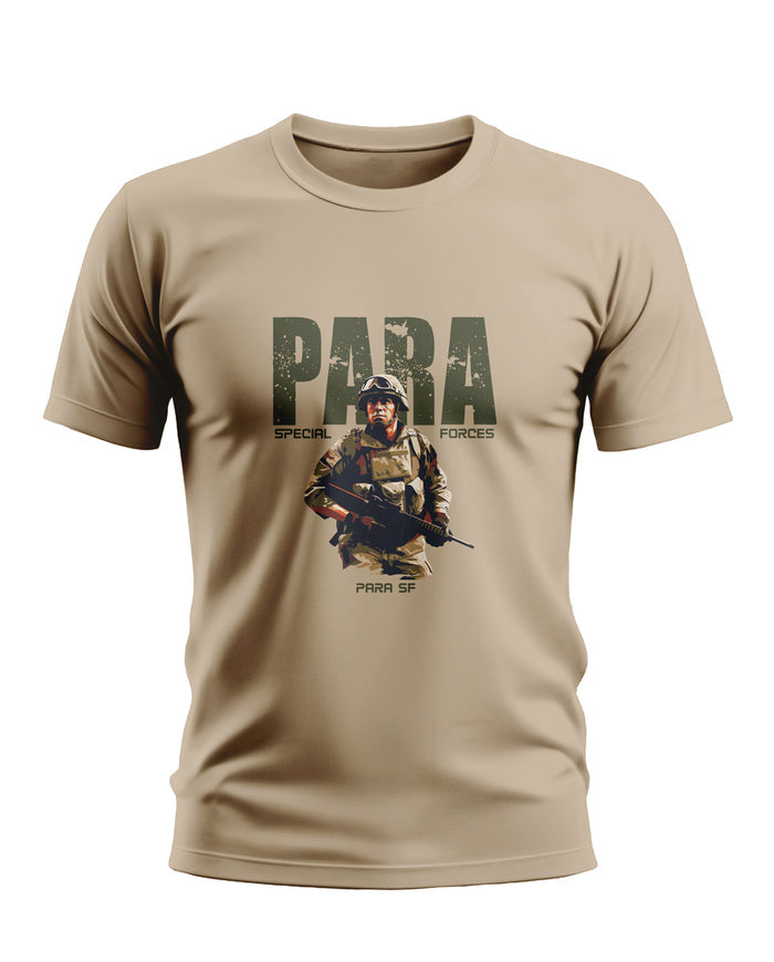 Beige men's t-shirt featuring PARA Special Forces military graphic and soldier illustration.