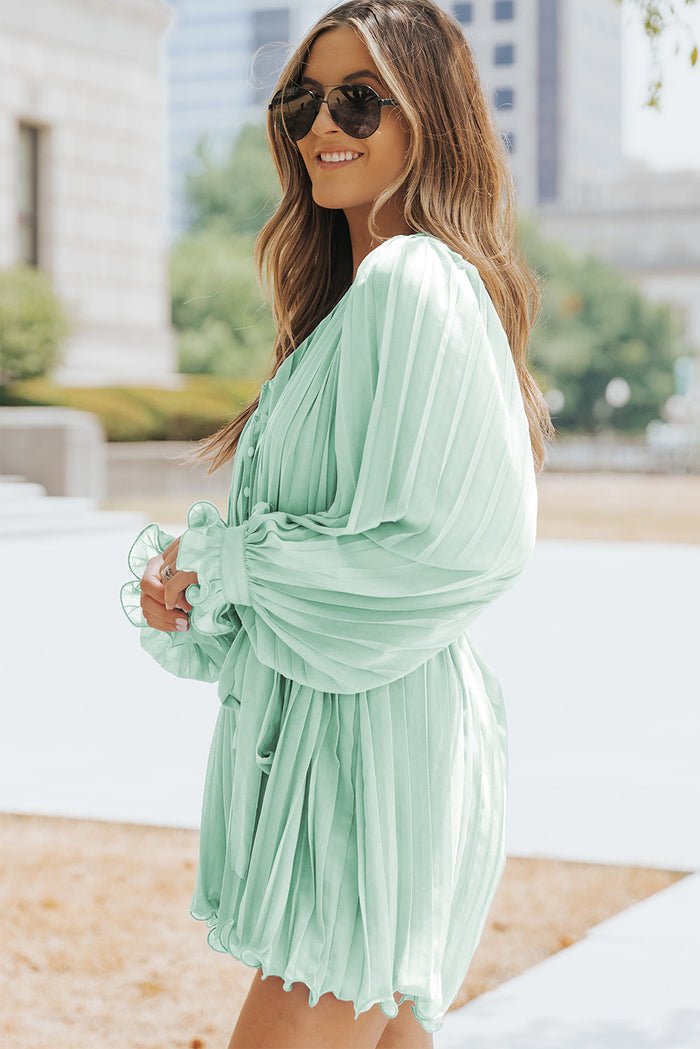 Pink Pleated Ruffled Tie Waist Buttons V Neck Romper - Bottoms/Jumpsuits & Rompers