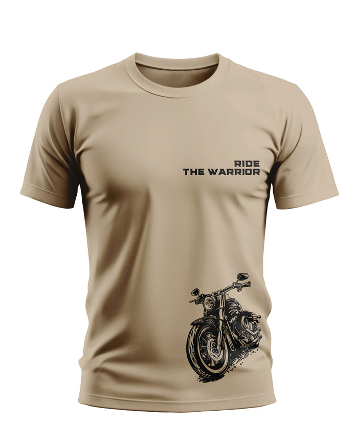 Beige men's t-shirt with 'Ride The Warrior' text and black motorcycle graphic print