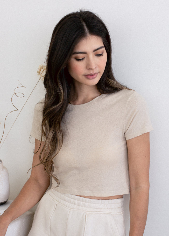 Additional view of Short Sleeve Baby Tee in natural on model