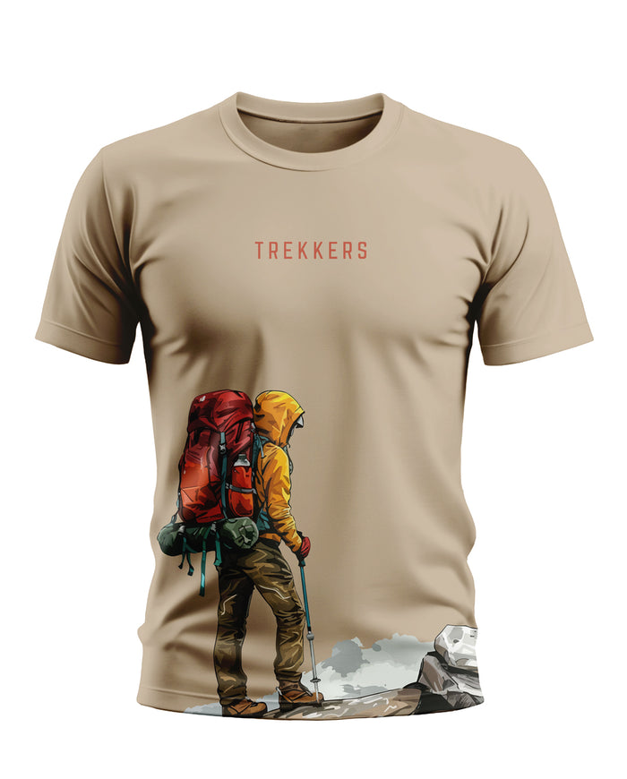 Beige men's t-shirt featuring trekker graphic and TREKKERS text, outdoors adventure style
