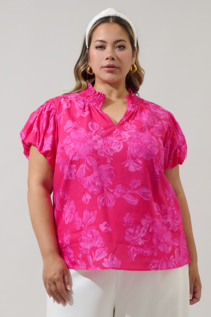 Vacey Floral Poly Smocked Top Curve