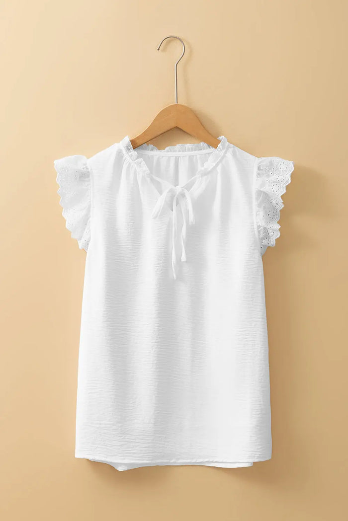 White Embroidered Ruffle Trim Textured Blouse - Tops/Blouses & Shirts