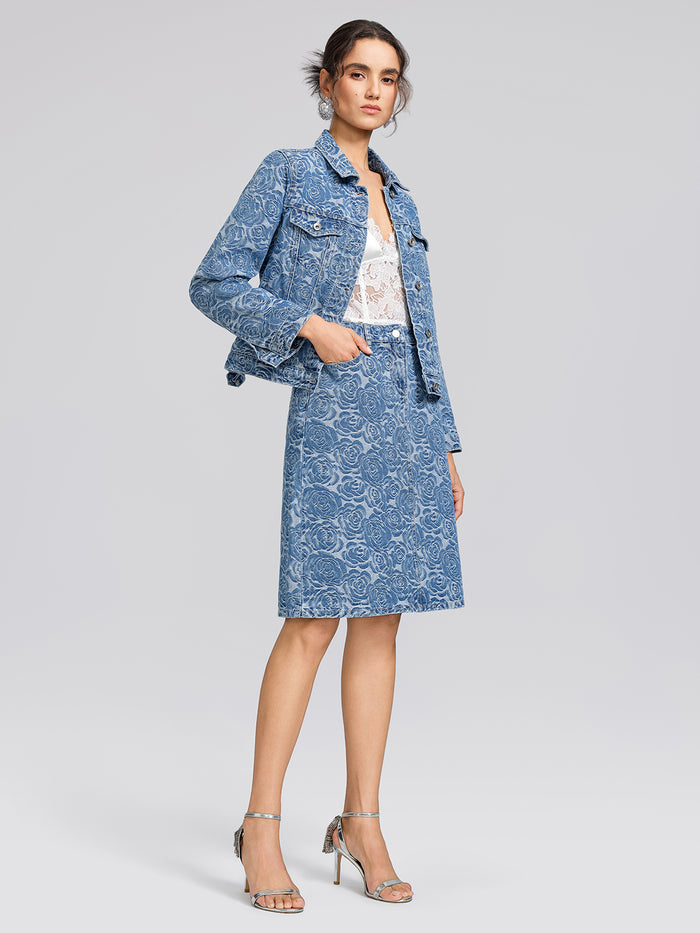 100% Cotton Denim Rose Print Jacket