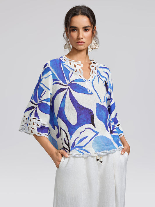 100% Linen Hand-Drawn Resort Print Embroidered Top