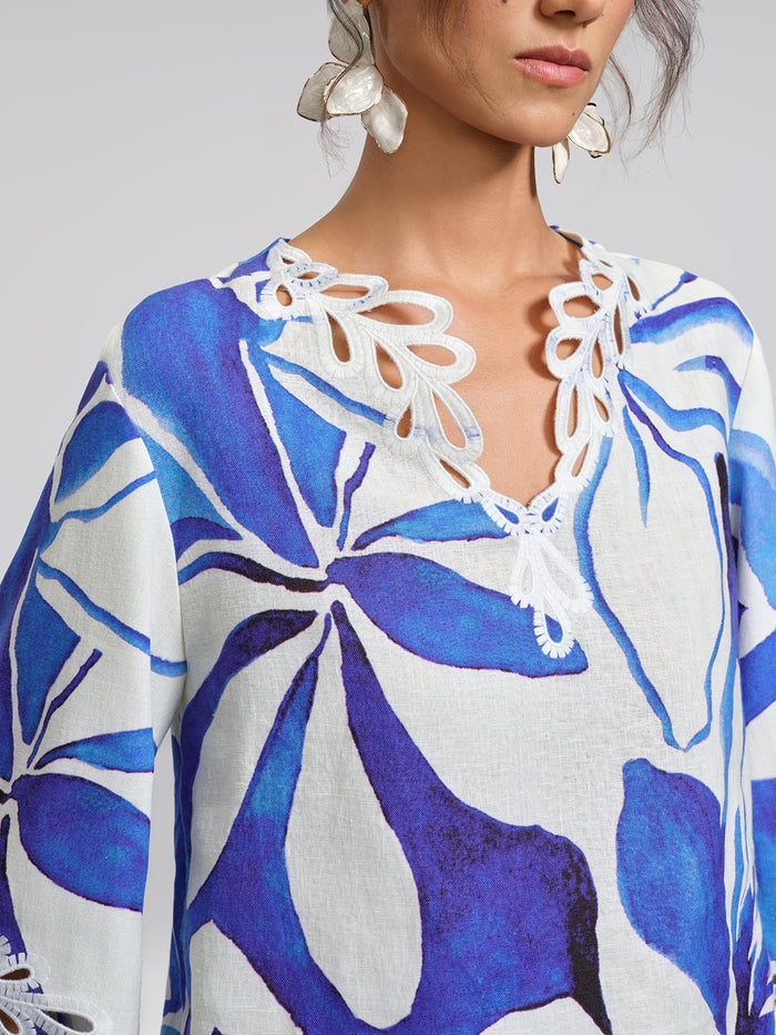 100% Linen Hand-Drawn Resort Print Embroidered Top