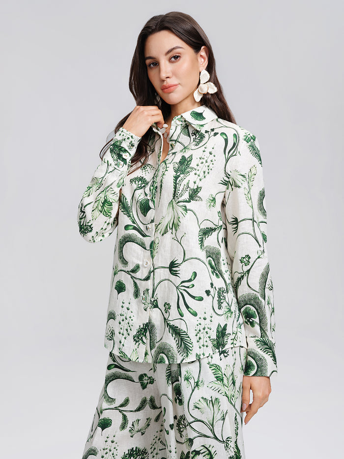 100% Linen Hand Painted Greenery Print Shirt