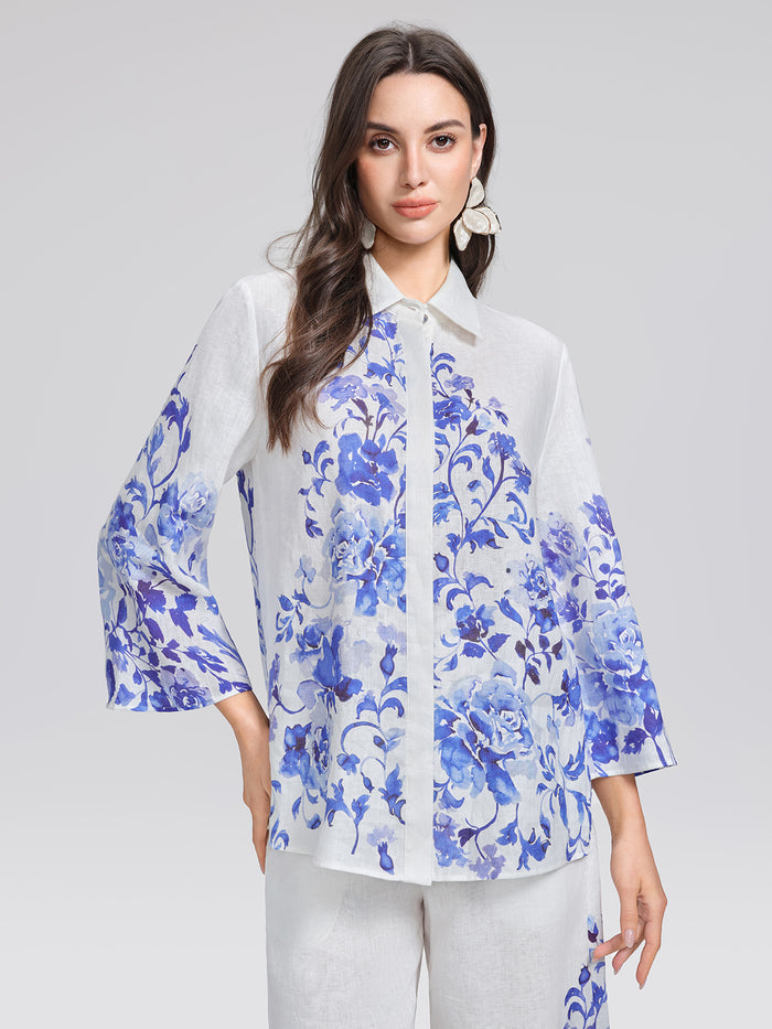 100% Linen Lapel Flared Sleeve Shirt