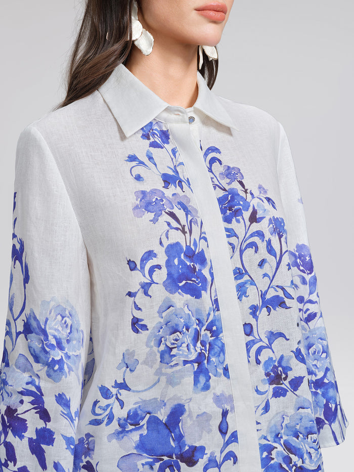 100% Linen Lapel Flared Sleeve Shirt