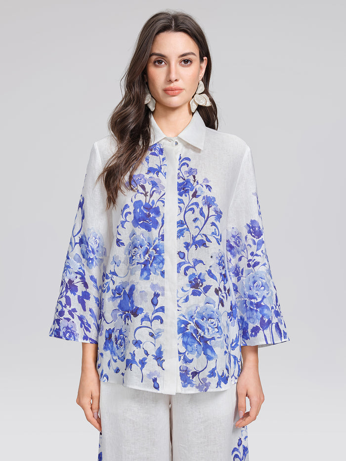 100% Linen Lapel Flared Sleeve Shirt