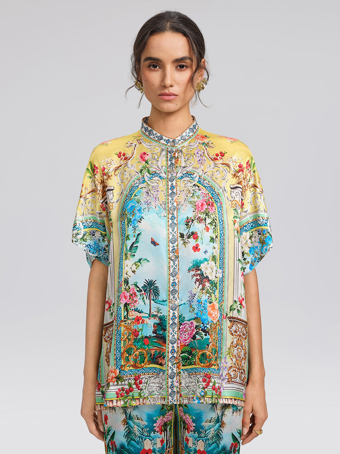 100% Silk Rhinestone Romantic Manor Print Blouse