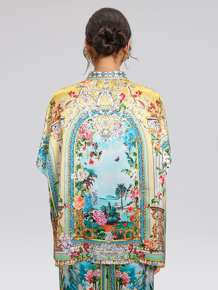 100% Silk Rhinestone Romantic Manor Print Blouse