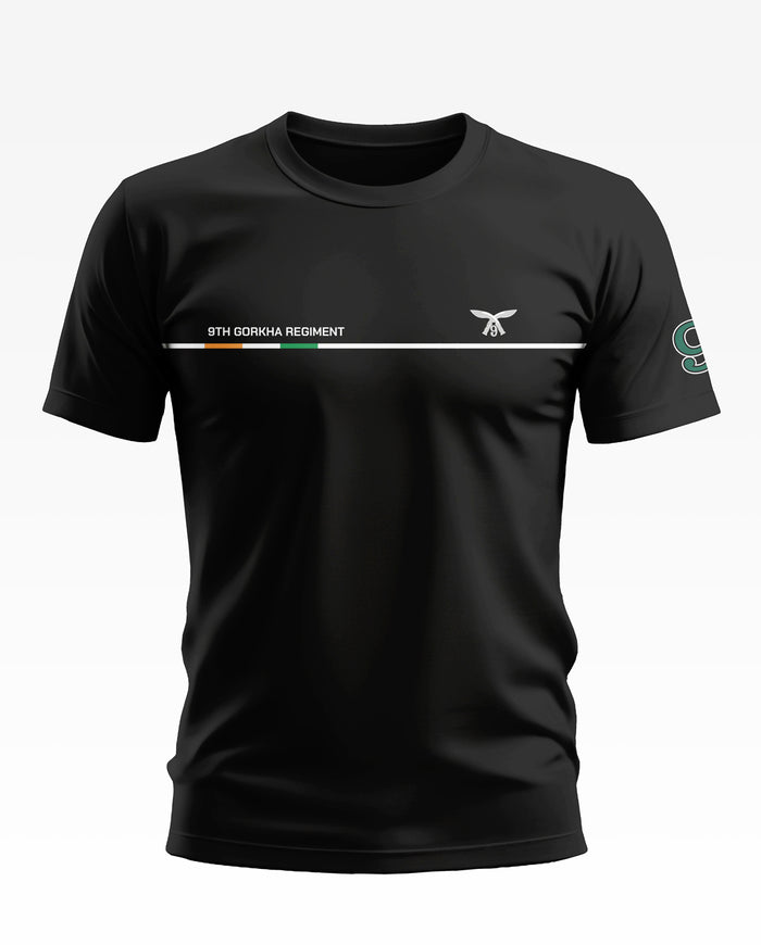 Black t-shirt with '9th Gorkha Regiment' text, white stripe, and regimental logo, men's fashion.