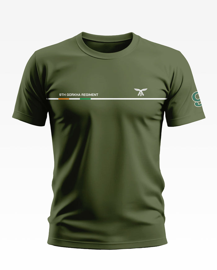 Men's olive green t-shirt with 9th Gorkha Regiment text and minimalist military design
