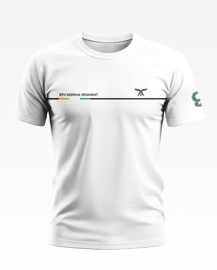 White men's t-shirt with '9th Gorkha Regiment' text and chest stripe, short sleeves, casual style