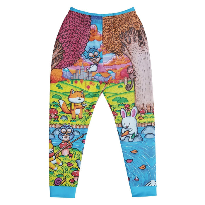 A Wonderful Fall Evening Joggers - The electric lime green (#32CD32) rolling hills contrasted against the anthropomorphic fox holding a steaming mug, evoking the specific visual language of 24/7 study beat streams, with accents of vivid cyan blue (#00BFFF) river and burning sunset orange (#FF4500) sky gradients for added hallucinatory pop.