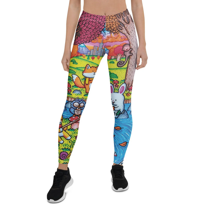 A Wonderful Fall Evening Women's Leggings - The specific "cerulean blue spirit (#00BFFF)" mimicking a forest guardian, rendered with visible colored pencil grain against the "electric chartreuse meadows (#7FFF00)"