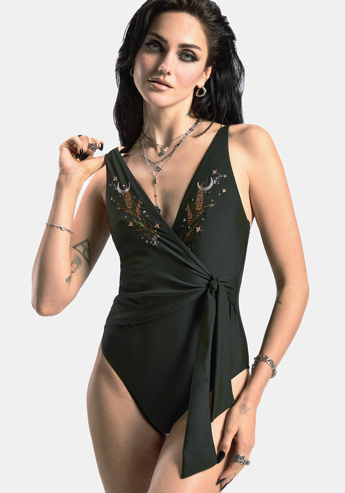 Abellona Embroidered Side Wrap Tie Swimsuit