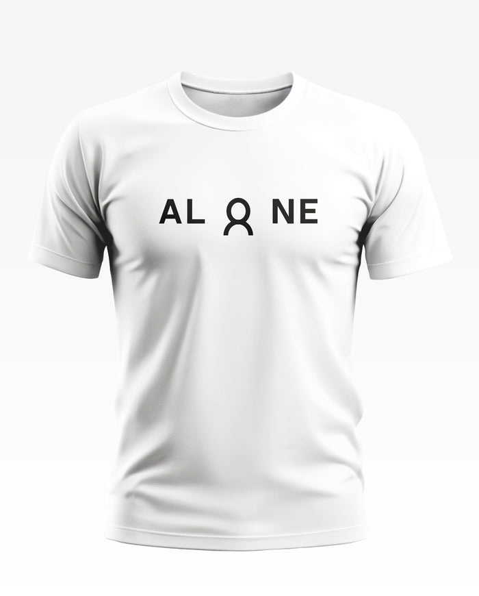 White men's t-shirt with bold black 'ALONE' graphic and unique design on the chest