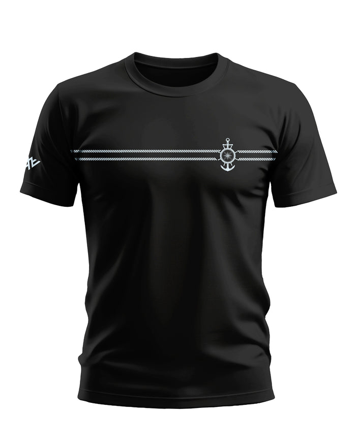 Black men's t-shirt with white nautical anchor graphic and rope detail across chest