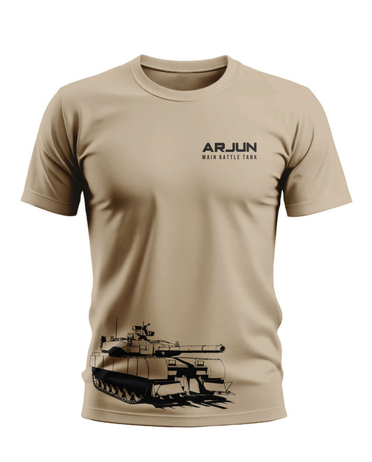 Beige men's t-shirt with 'ARJUN MAIN BATTLE TANK' text and black tank graphic on front