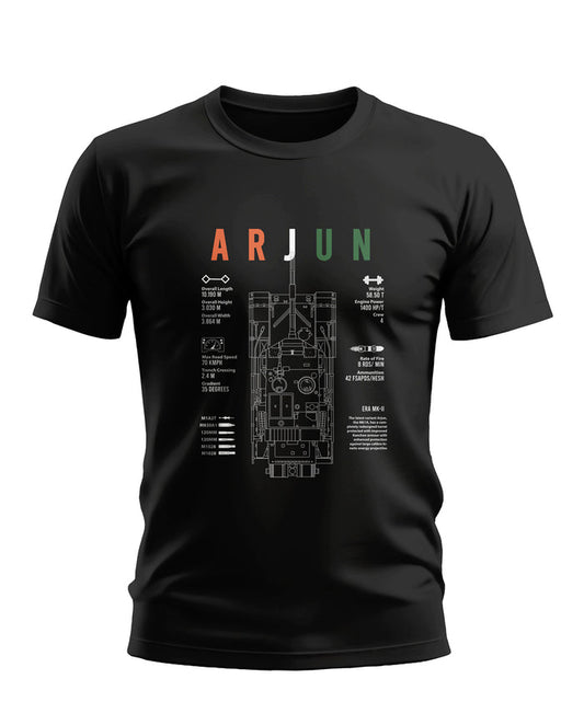 Black men's graphic T-shirt featuring ARJUN tank schematic and tank specifications print