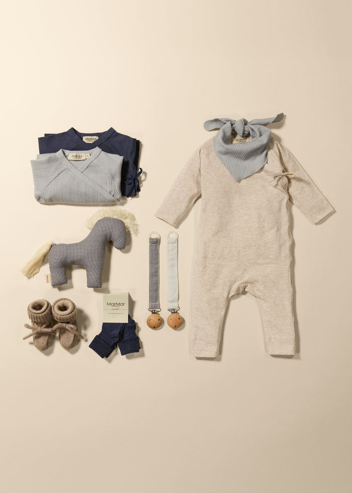 Baby set with light gray striped bib scarf with knot
