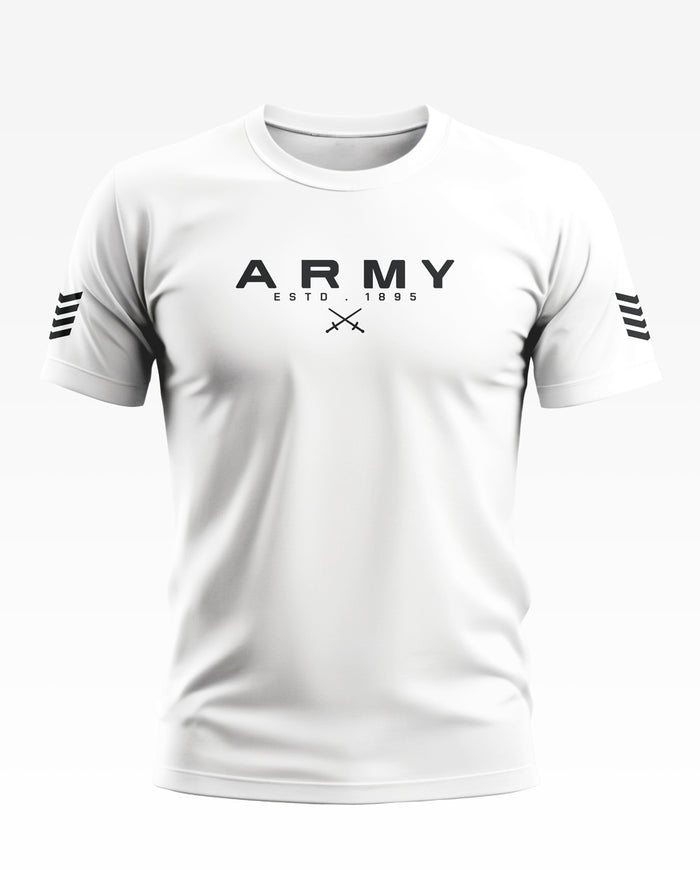 White men's round-neck T-shirt with black 'ARMY ESTD. 1895' text and chevron sleeve design
