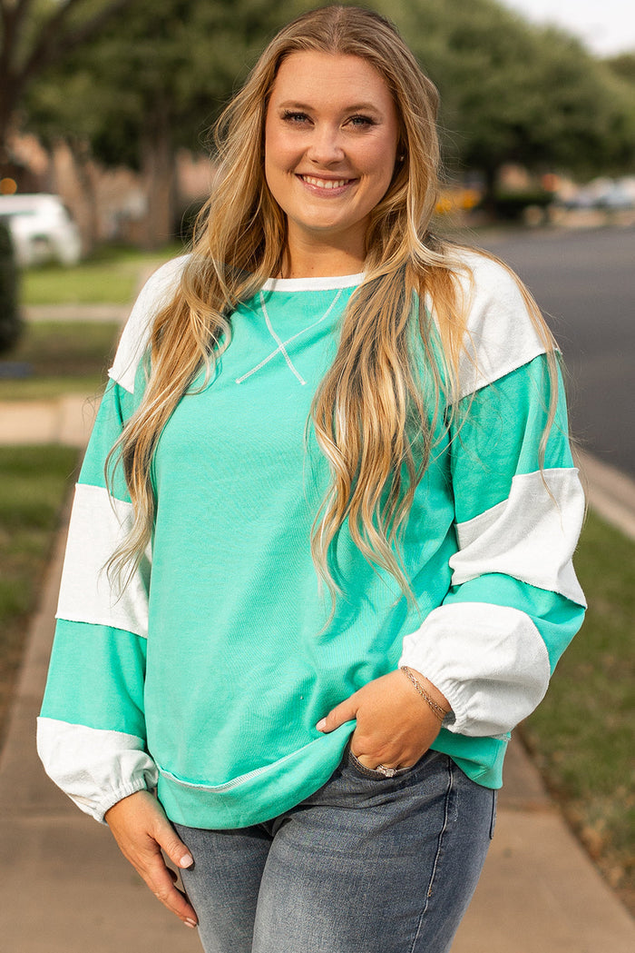 Aruba Blue Colourblock Patchwork Cross Seam Plus Sweatshirt - 1X / 80% Polyester + 20% Cotton - Size/Plus Size