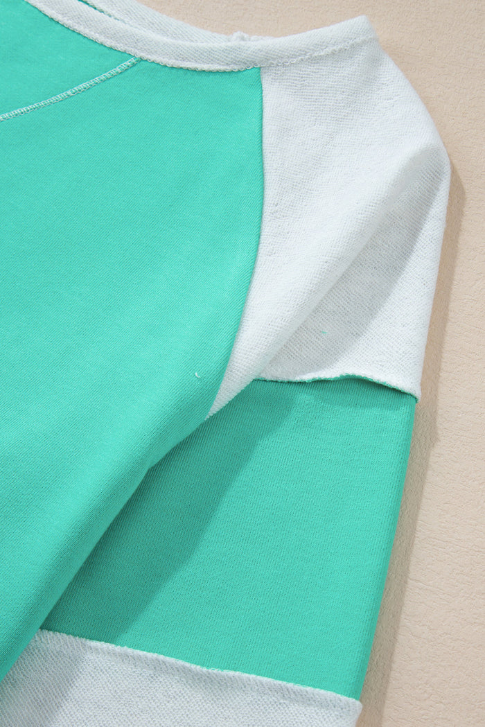 Aruba Blue Colourblock Patchwork Cross Seam Plus Sweatshirt - Size/Plus Size Sweatshirts & Hoodies
