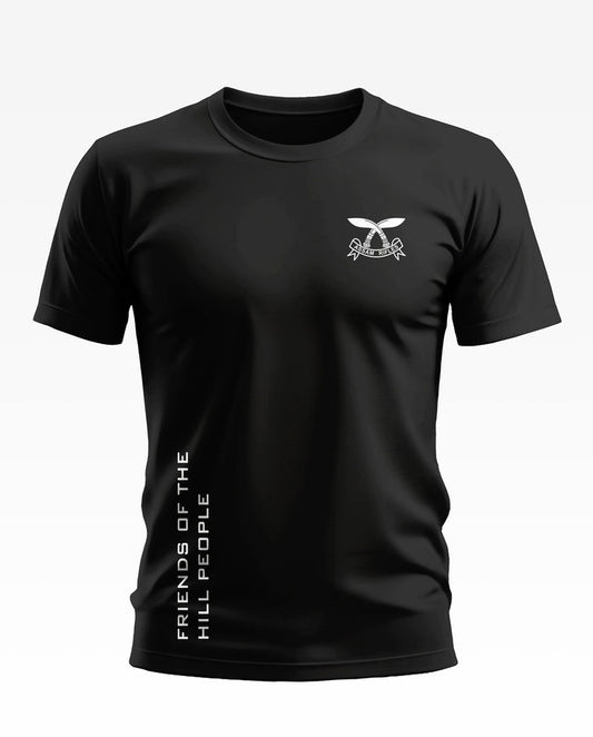 Black men's t-shirt with Assam Rifles logo and 'Friends of the Hill People' text design