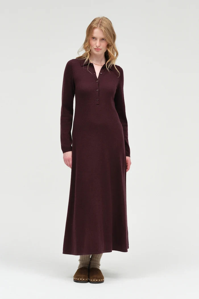 Aubergine Wool-Cashmere A-Line Polo Dress