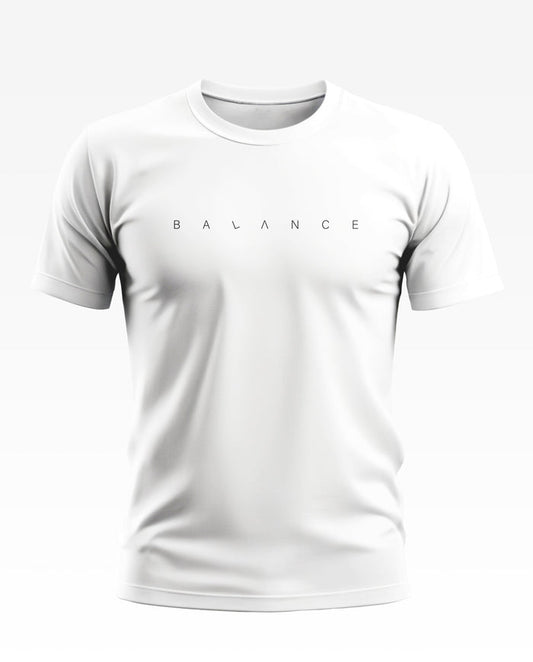 White men's t-shirt with 'BALANCE' text printed in minimalist font on the chest