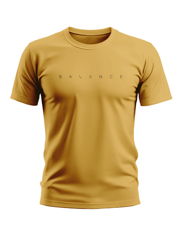 Yellow men's t-shirt with 'BALANCE' text printed across the chest, casual fit.