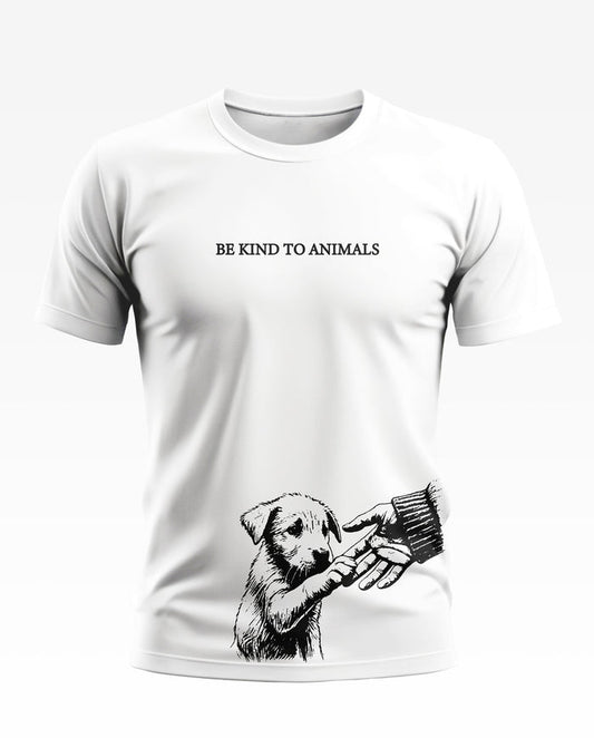 White men's t-shirt with 'BE KIND TO ANIMALS' text and puppy shaking hand graphic