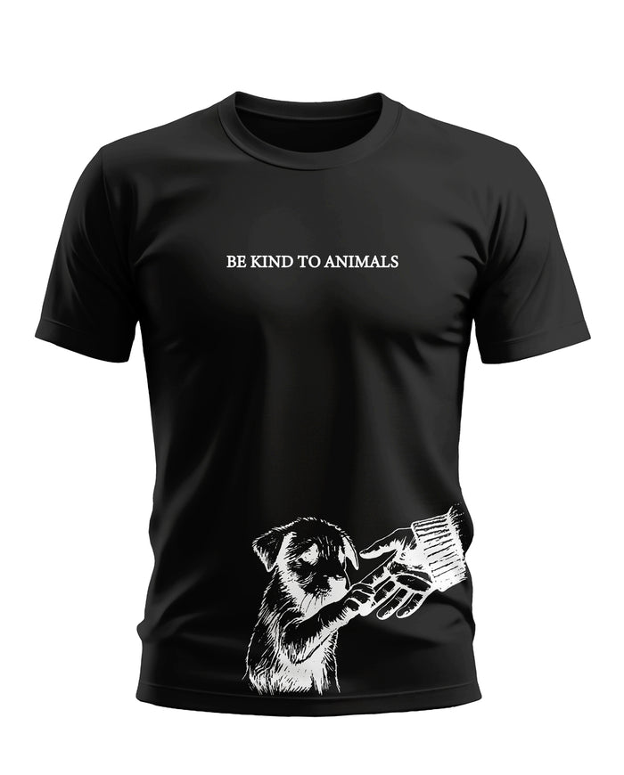 Black t-shirt with 'Be Kind To Animals' text and white graphic of puppy touching a human hand