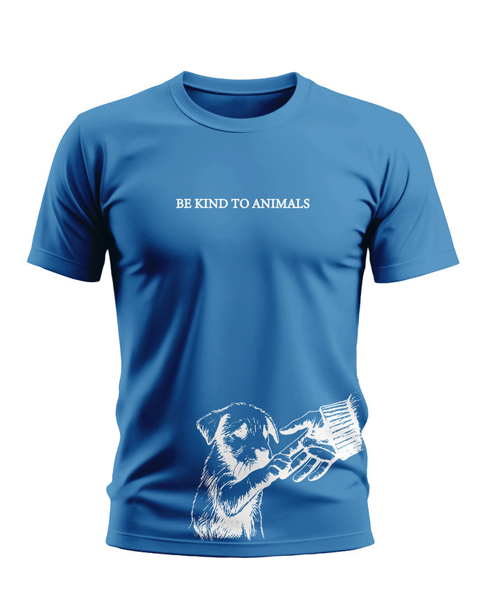 Blue men's t-shirt with 'Be Kind to Animals' text and puppy handshake graphic