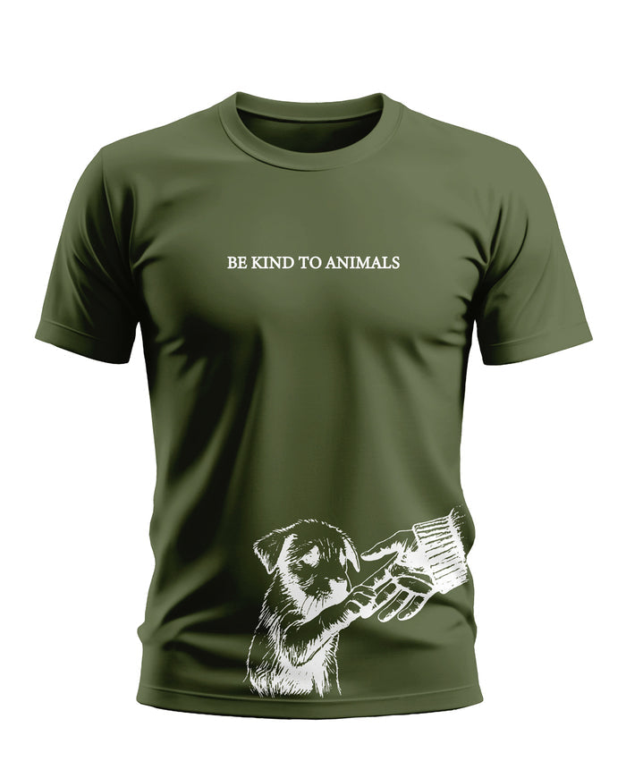 Olive green men's t-shirt with 'Be Kind To Animals' text and dog and hand graphic print